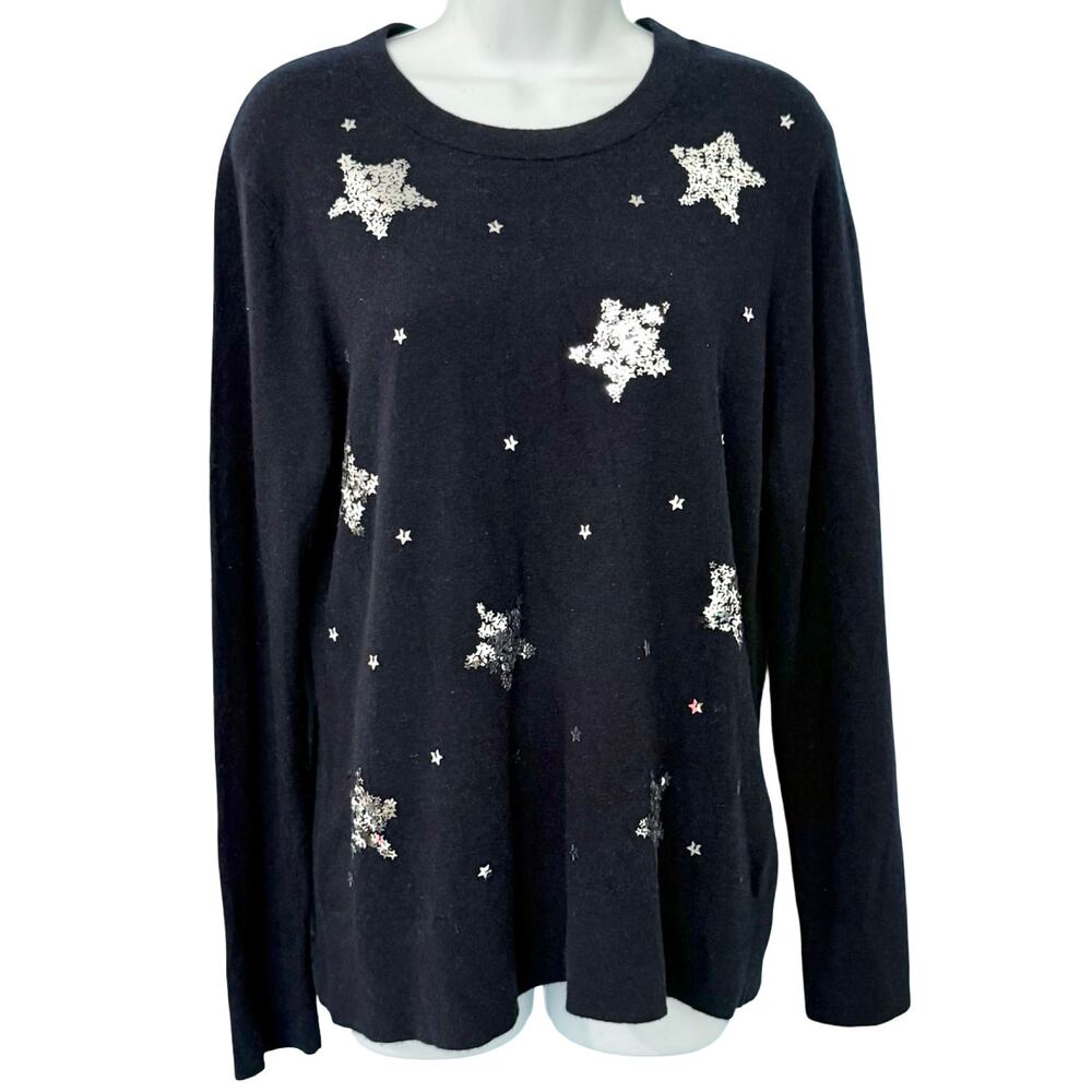 Kate Spade Navy Blue Silver Sequin Star Constellation Cashmere Sweater sz S / M
